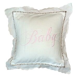 Vintage “Baby” Embroidered Lace Throw Pillow With Insert Pink and White